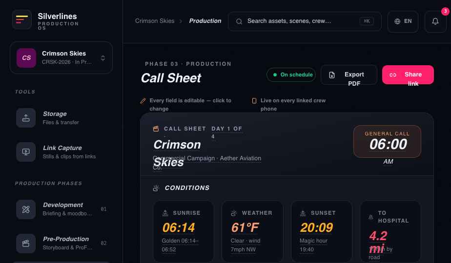 Call sheet shared by link with live conditions