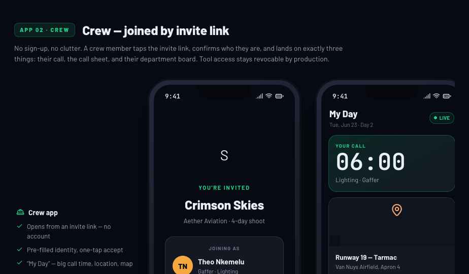 Crew phone app — My Day, live