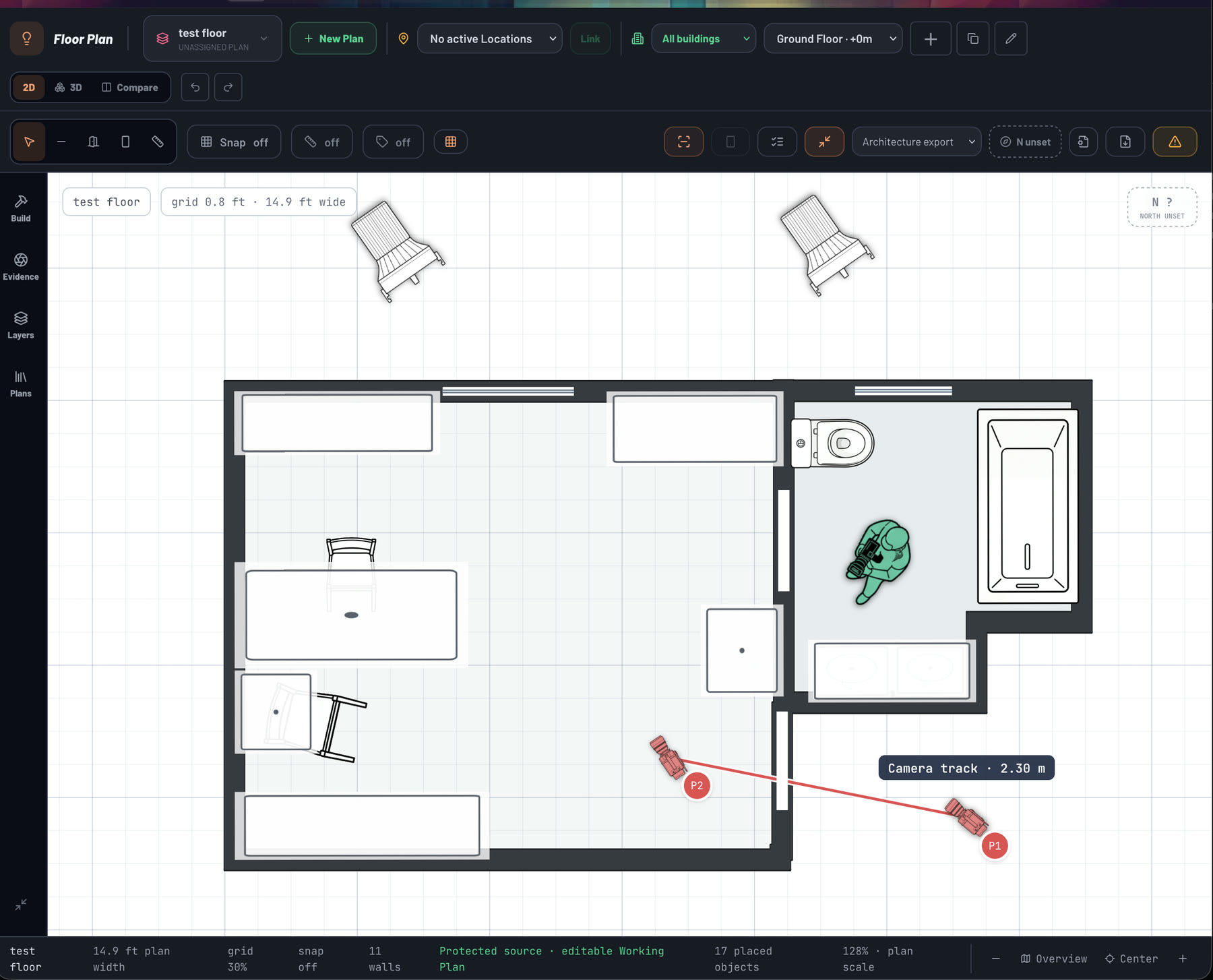 Current Silverlines beta Floor Plan showing reviewed phone LiDAR room geometry, fixtures and a measured camera track