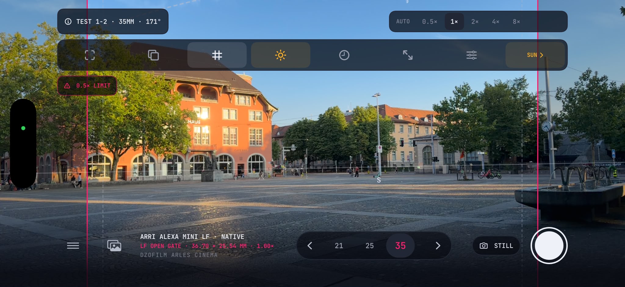 SL-Frames FRAME live viewfinder placing a cinema frameline over a city square at golden hour