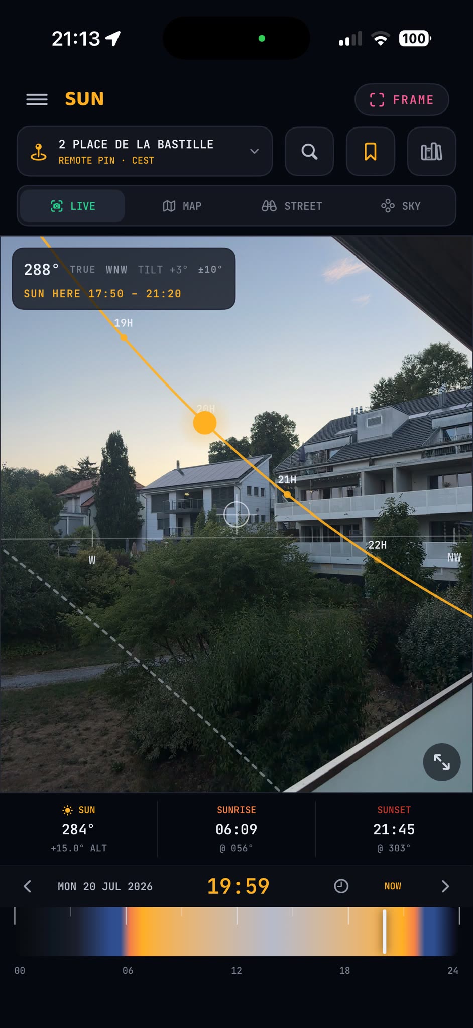 SL-Frames SUN live augmented-reality view with sun and moon path planning