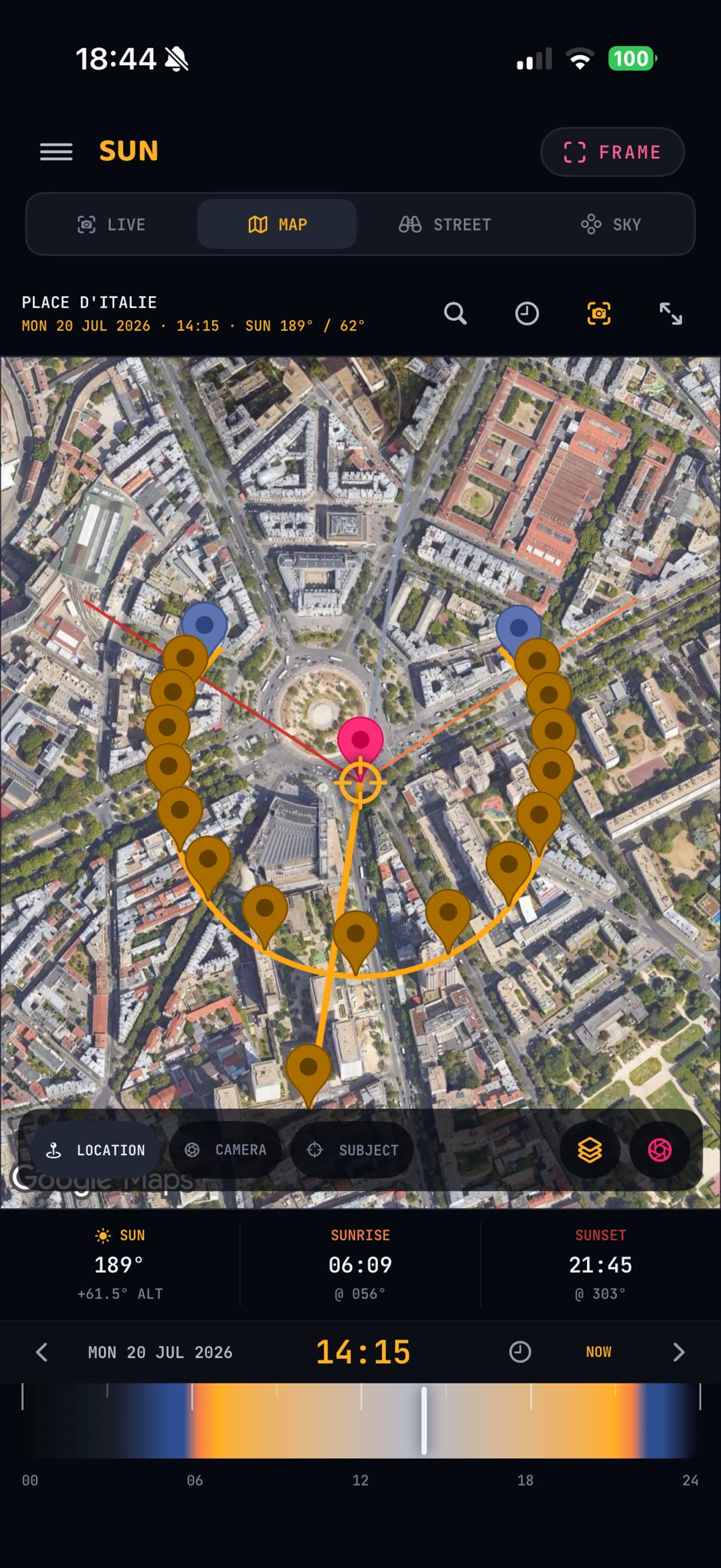 SUN satellite map showing a pinned site, camera direction and light geometry