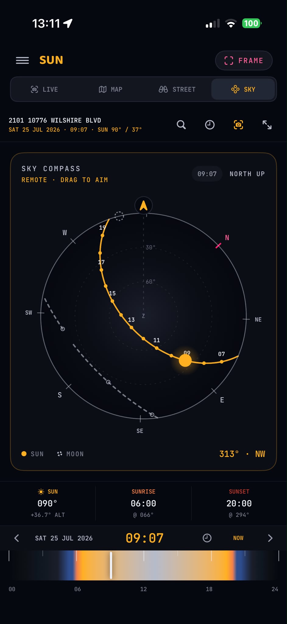 SUN Sky Compass screen plotting sun and moon positions around the selected camera direction