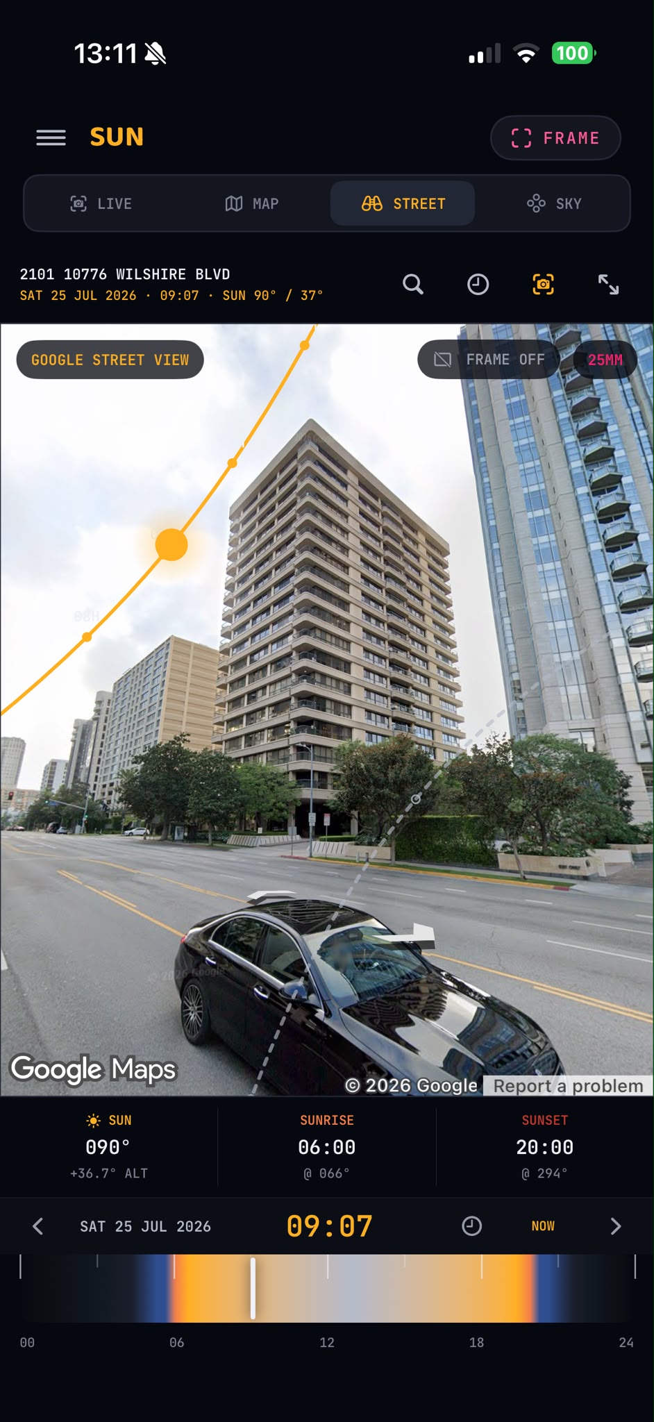 SUN Street View screen showing the sun path over a remote location with camera framing controls